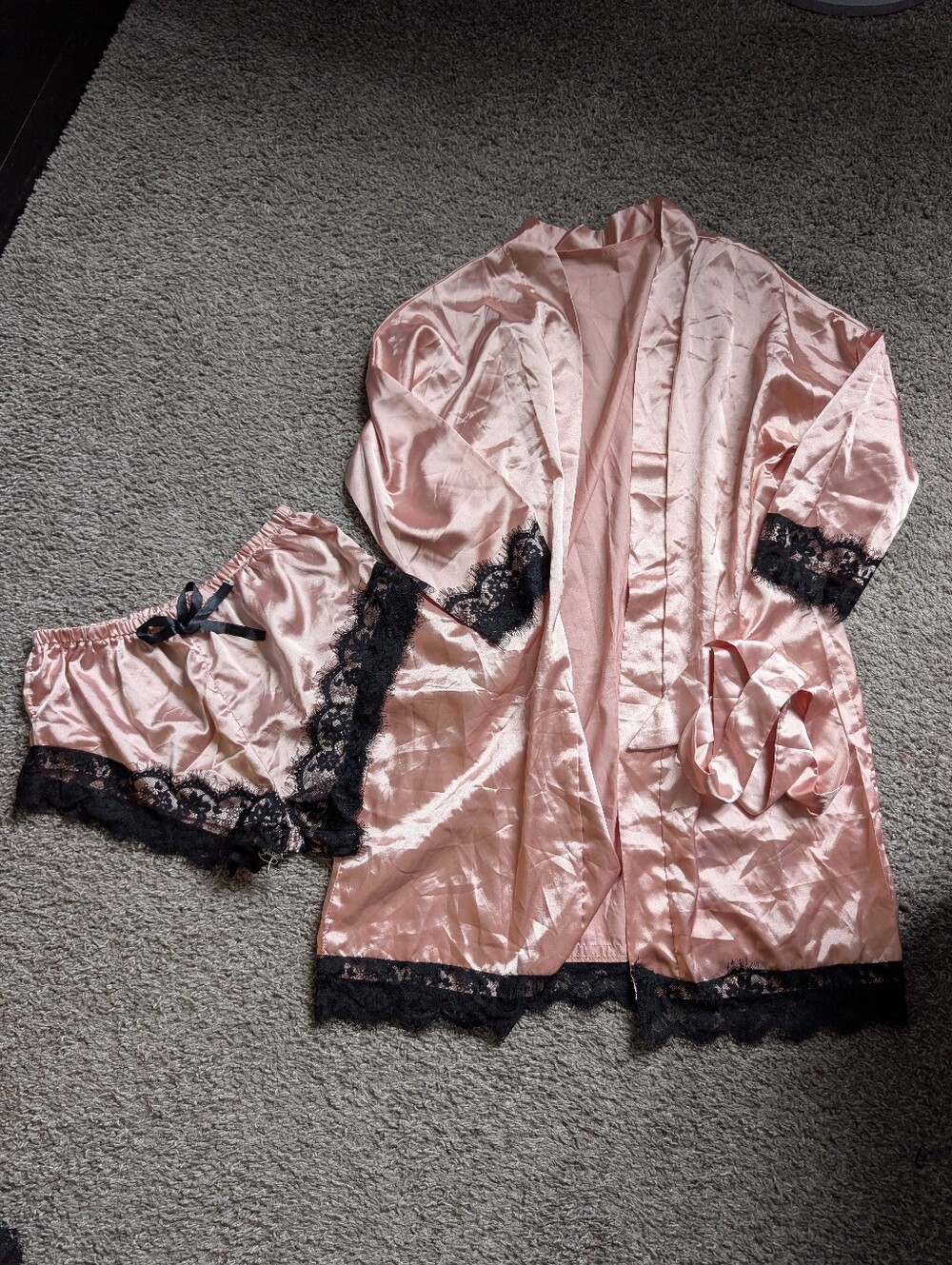 Satin Lace Trim Sleep Robe and Short Set - Blush Pink